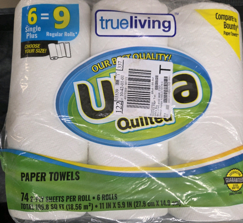 6 New | True Living Paper Towel Rolls | 74 2-Ply Sheets per Roll | 11" x 6"