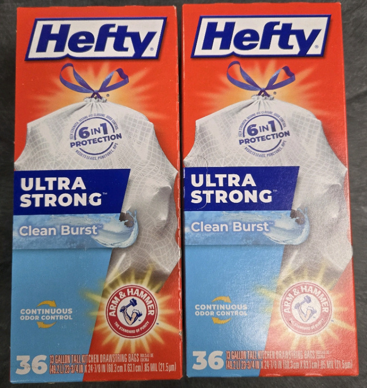 2 New Packs | ( 72Ct Total ) Hefty Ultra Strong Clean Burst 13 Gallon Tall Kitchen Drawstring Bags | * Retails $50+ *