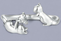 Sterling Silver Demure Cat Ring Adjustable Open Band Playing with Clear CZ Stamped