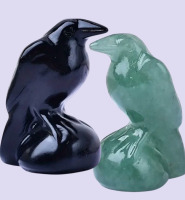 Two Natural Carved Mini Ravens Obsidian and Green Adventurine 1.4 Inch Each