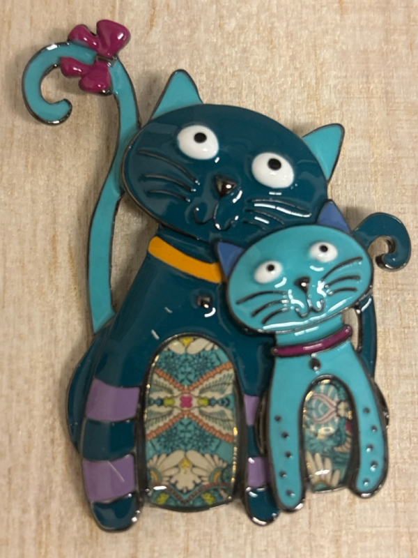 Retro Two Snuggling Blue Cat Enamel Brooch Gun Metal Backing Approximately 2.25 x 1.8 Inch