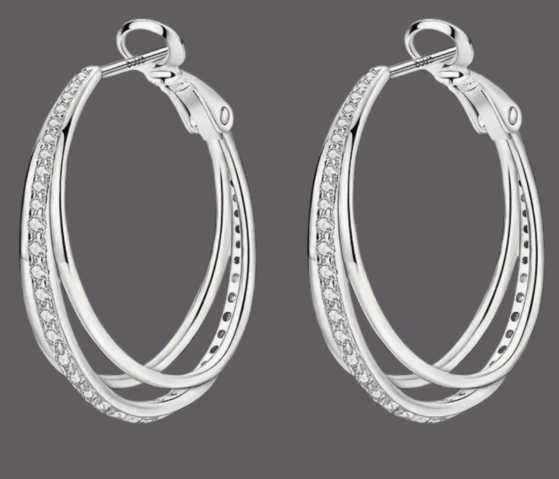 Elegant 925 Sterling Silver Hoop Earrings Interlocking Triple Ring Design with Sparkling Cubic Zirconia <br/>Approximately .75 Inch Stamped