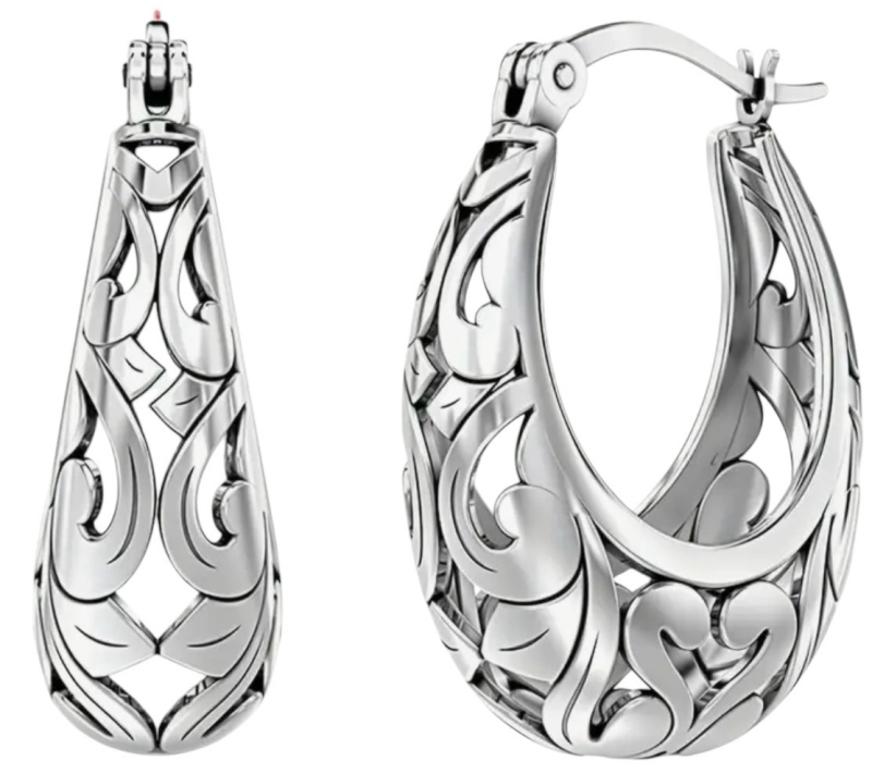 Sterling Silver Hoop Earrings S925 Sterling Silver Elegant Classic Style Cut Work Oval Approximately 1.05 x .25 Inch Stamped