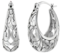 Sterling Silver Hoop Earrings S925 Sterling Silver Elegant Classic Style Cut Work Oval Approximately 1.05 x .25 Inch Stamped