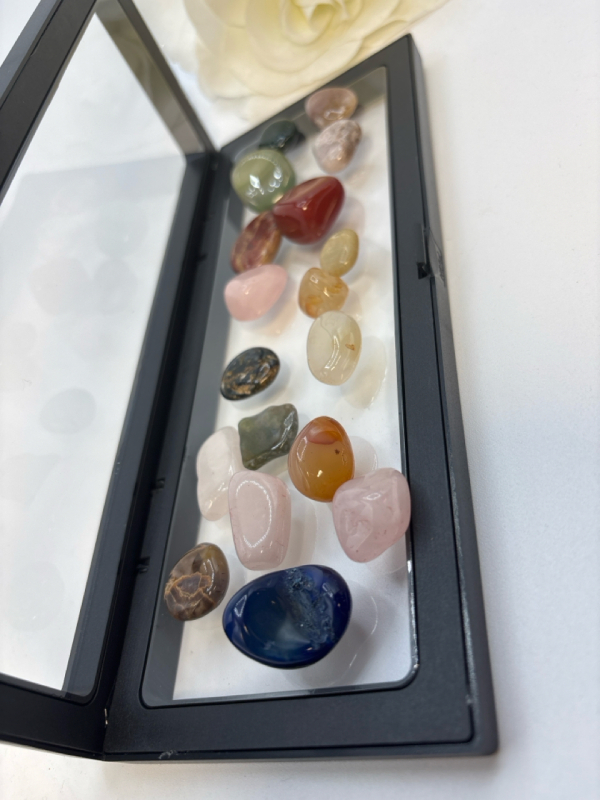 Natural Tumbled Stones And Crystals Assorted Approximately .39 - 1.18 Inch 18 Assorted Stones in 9 x 3.5 x .8 approx Box