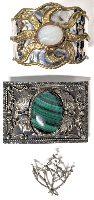 Gorgeous Large Signed Belt Buckle With Chunky Malachite Cabochon, Dainty Sprouting Twigs Brooch & Anju Stainless Steel Cuff Open-Cuff Bracelet with White Stone and Sunburst