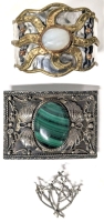 Gorgeous Large Signed Belt Buckle With Chunky Malachite Cabochon, Dainty Sprouting Twigs Brooch & Anju Stainless Steel Cuff Open-Cuff Bracelet with White Stone and Sunburst