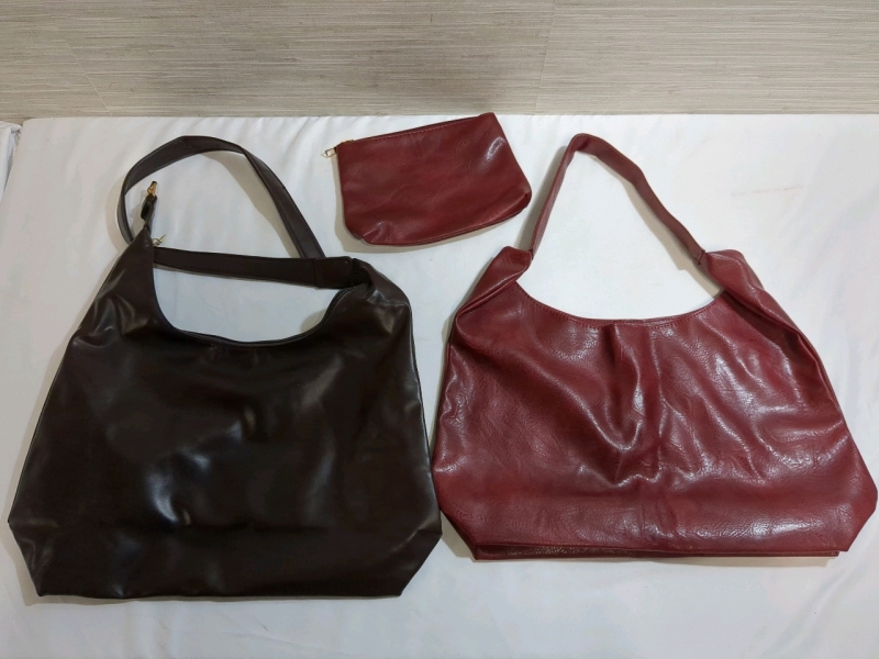 2 New Faux Leather Handbags, Bag Approx 16x10 inches, One Includes Matching Clutch