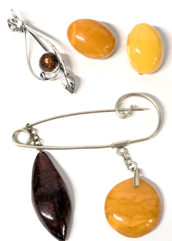 Vintage Amber : Egg Yolk Amber Clip-On Earrings, Dainty Leaf & Amber Brooch, Stamped Silver Pin-Type Amber Brooch (See Description)