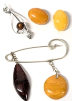 Vintage Amber : Egg Yolk Amber Clip-On Earrings, Dainty Leaf & Amber Brooch, Stamped Silver Pin-Type Amber Brooch (See Description)