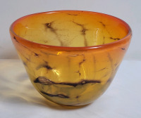 Vintage MCM Hand-Blown Art Glass Bowl made of Amber-Colored Glass w/Darker Brown / Black Marbling . Measures 4 1/4" tall . No chips or cracks