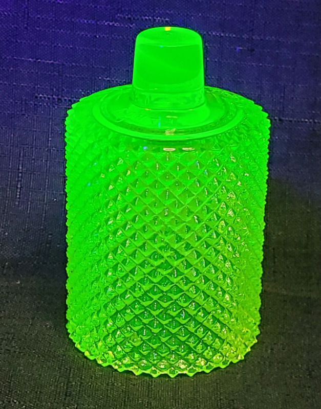 Vintage MCM FAROY Uranium Glass &ldquo;Diamond Point&rdquo; Type Stemmed Candle Holder in &ldquo;Depression Yellow&rdquo; Glass . Measures 3 5/8" tall . No chips or cracks