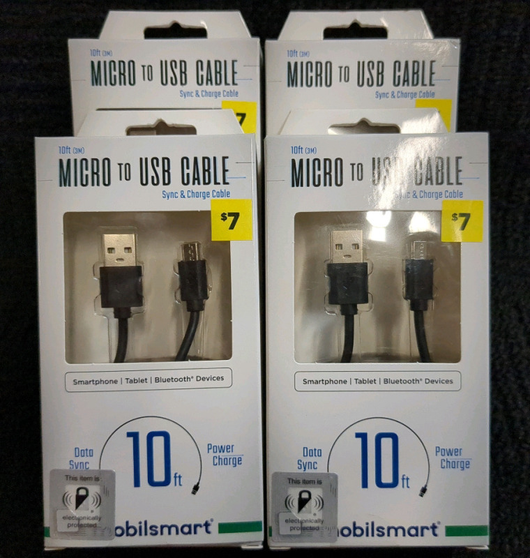 4 New Boxes Mobilsmart Micro to USB 10ft Power Charging/Data Transfer Cable