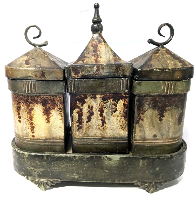 Modern Antiqued 3-Piece Metal Lidded Cannister Set With Base - 15" &times; 6" &times; 14.5" Tall