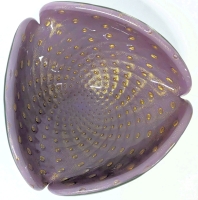 Vintage 1960s MCM Presumed BARBINI Controlled Bubble Art Glass Lavender Gold Dust Ash Tray / Bowl - 6.25" &times; 6.5" &times; 2.75"