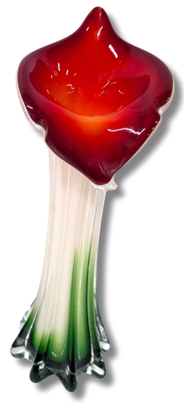 Striking Red, White, Green Jack-In-The-Pulpit Cased Art Glass Vase - 12" Tall
