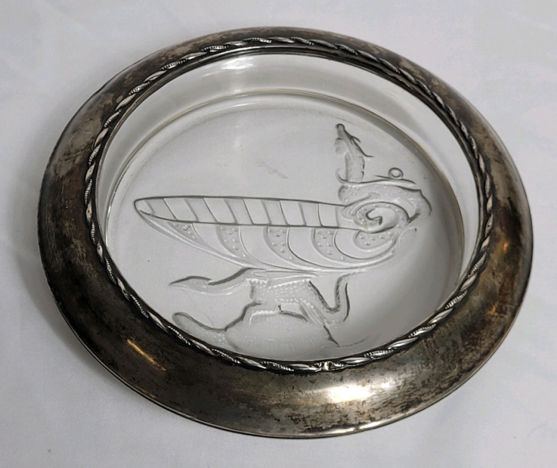 Vintage Fine Arts Sterling Silver Rimmed Clear Glass Candy Dish w/Celtic Turtle Design . Measures 6 3/4" diameter
