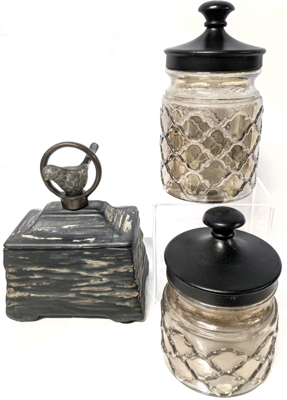 2 Lidded Flash Glass Jars & Stellar Ceramic Bird Trinket Box Made in India - Tallest Jar 8" Tall