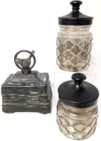 2 Lidded Flash Glass Jars & Stellar Ceramic Bird Trinket Box Made in India - Tallest Jar 8" Tall