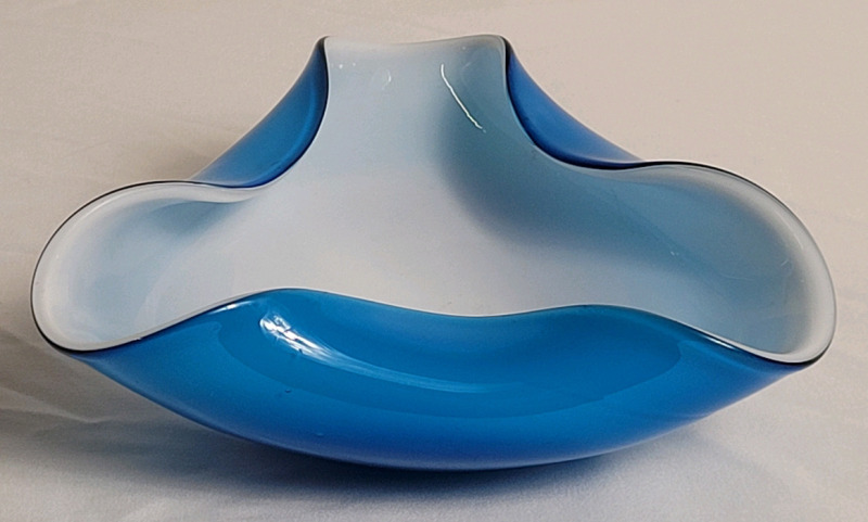 Vintage MCM Japanese Glass Biomorphic Bowl , Blue Cased Glass Bowl , Murano Style Glass Ashtray .
