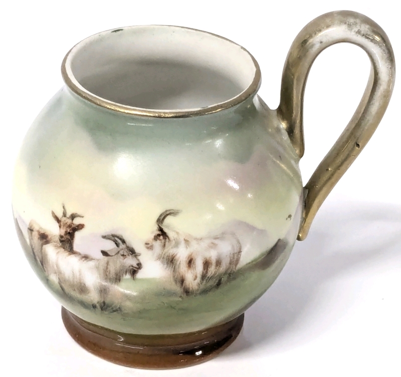 Stunning Antique ROYAL BAYREUTH Miniature Handled Jug With Handpainted Pastoral Goat Scene - 2.7" Tall At Handle