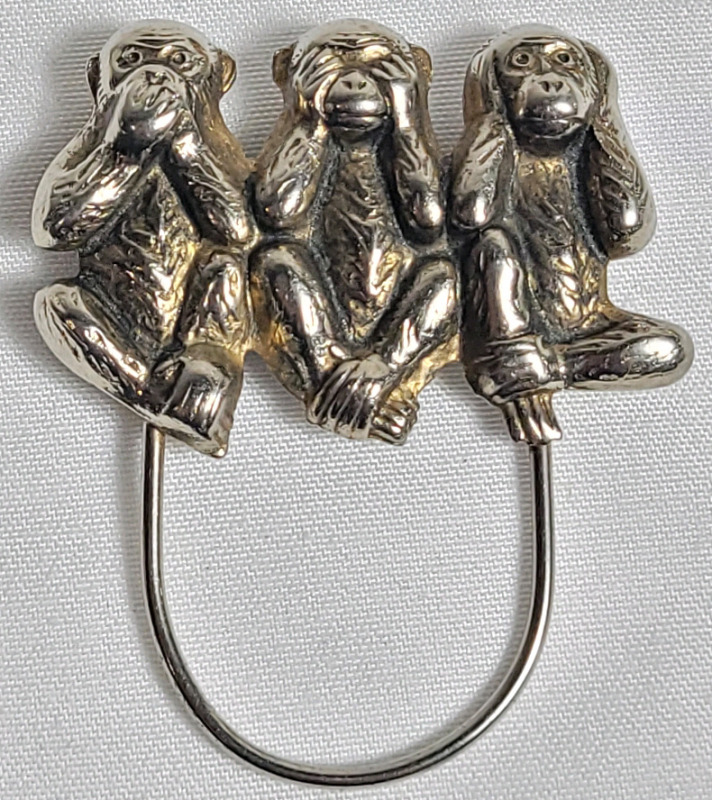 3 Wise Monkeys Silver Brooch , No Silver Mark . See photos for size