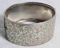 Vintage BIRKS Sterling Silver Etched Rose Ladies Bangle . Measures 1 1/4" wide & 2 7/16" diameter .