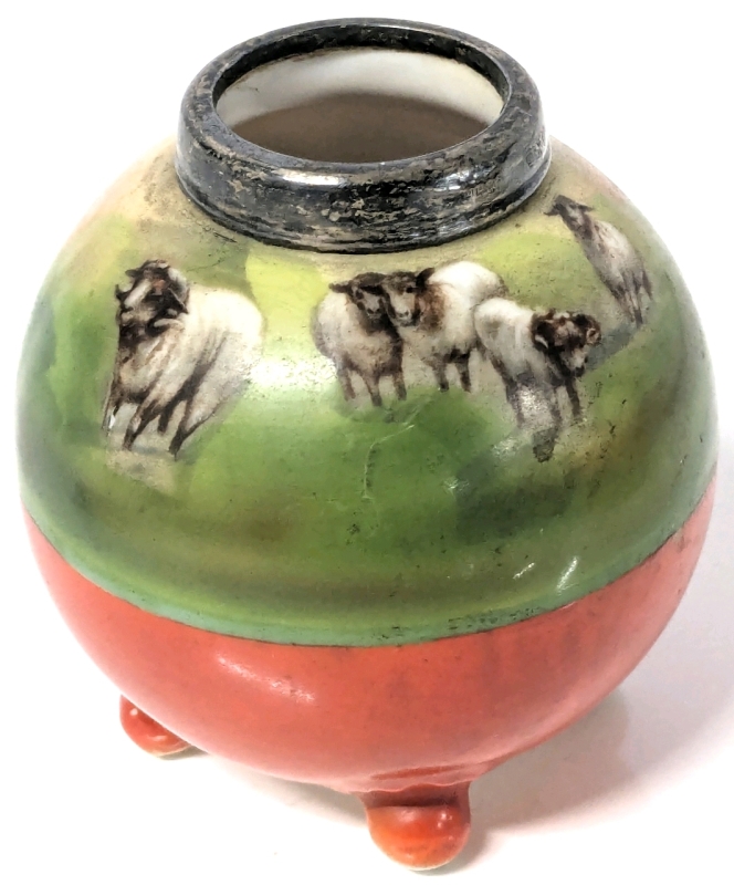 Stunning Antique ROYAL BAYREUTH Miniature Silver Collared Footed Vase / Pot With Handpainted Pastoral Sheep Scene - 2.75" Tall