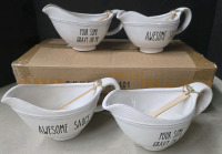 4 New | Ceramic Gravy Boats W/ Wooden Spoon 4" Tall