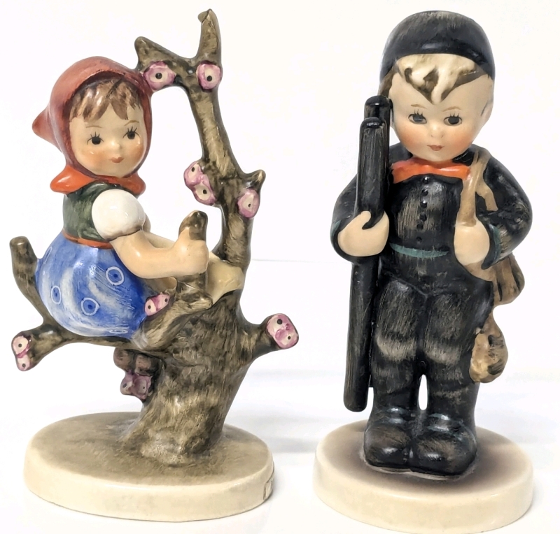 2 Vintage West Germany GOEBEL HUMMEL Porcelain Figurines : 141 Apple Tree Girl TMK3 & #12 Chimney Sweep Boy With Ladder 2/O - Up to 4" Tall, No Chips or Cracks, Crazing Present