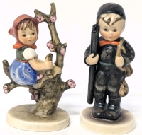 2 Vintage West Germany GOEBEL HUMMEL Porcelain Figurines : 141 Apple Tree Girl TMK3 & #12 Chimney Sweep Boy With Ladder 2/O - Up to 4" Tall, No Chips or Cracks, Crazing Present