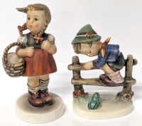 Vintage GOEBEL HUMMEL Porcelain Figurines : #034 "Retreat to Safety" W Germany & #96 Little Shopper Germany With Bee Stamp - Up To 5" Tall