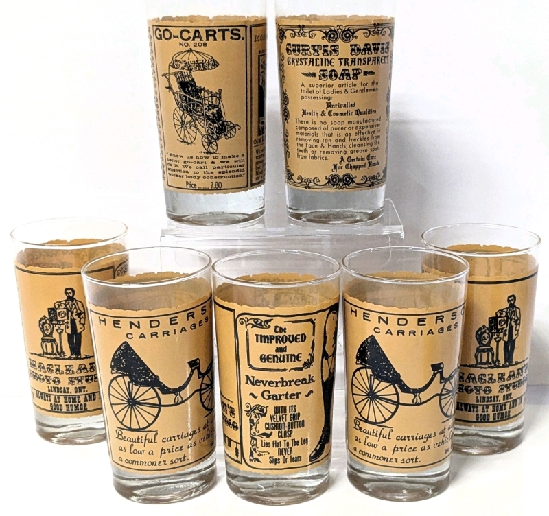 Set of 7 Cassidys Glass Canada Old Timey Advertising Drinking Glasses - 4.8" Tall Each