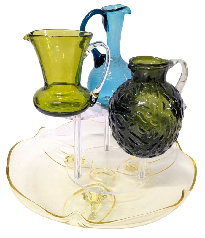 Vintage Coloured Glass : Lancaster Depression Glass Petal Topaz (Yellow) Three Footed, Cake Plate, Avocado Green Creamer & Syrup Pitcher, Cruet (No Stopper) - Up to 5.5" Tall