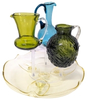 Vintage Coloured Glass : Lancaster Depression Glass Petal Topaz (Yellow) Three Footed, Cake Plate, Avocado Green Creamer & Syrup Pitcher, Cruet (No Stopper) - Up to 5.5" Tall