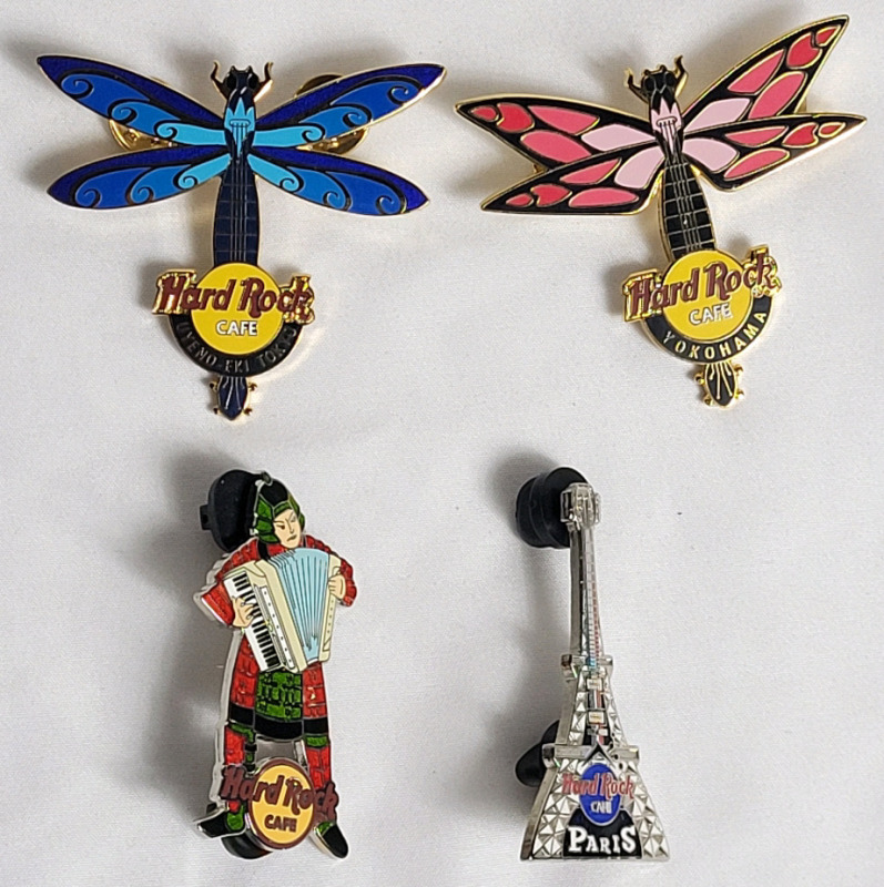 Four (4) Hard to Find Authentic HARD ROCK Cafe Pins . Paris , Tokyo , Yokohama & Samurai w/Accordion .