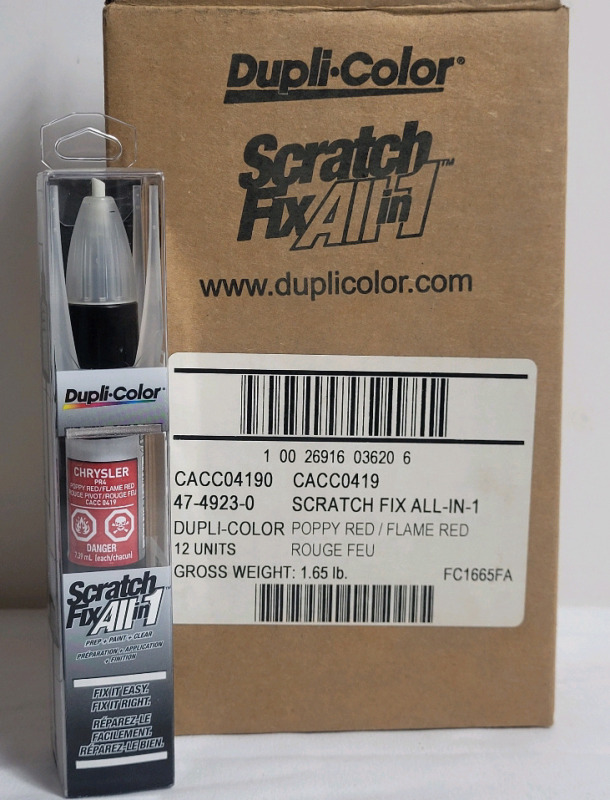 12 New Dupli-Color Scratch Fix All-in-1 Vehicle Paint : Chrysler PR4 - Poppy Red / Flame Red . Retail $300+