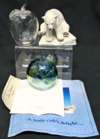 Vintage 1991 LENNOX Polar Bear Cub Fine Porcelain Figure with Papers, Art Glass Witch Ball Ornament & PRINCESS HOUSE Exclusive Handblown Glass Apple Paperweight - Apple 3.75" Tall (Incl Stem)