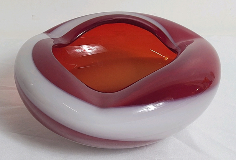 Vintage MCM Hand Blown Cherry Red Glass Dish Ash Tray Art Glass . No chips or cracks