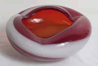 Vintage MCM Hand Blown Cherry Red Glass Dish Ash Tray Art Glass . No chips or cracks