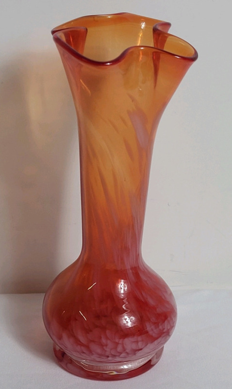 Vintage Hand Blown Red-Orange w/White Swirl Accents Vase . Measures 7 1/4" tall . No chips or cracks