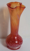 Vintage Hand Blown Red-Orange w/White Swirl Accents Vase . Measures 7 1/4" tall . No chips or cracks