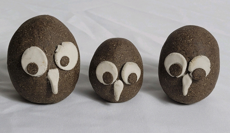 Vintage Set of 3 Pottery Owl Heads - Signed . Measures 1 3/4" - 2 3/8" tall