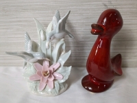 Vintage Royal Crown Double Hummingbird Sculpture & Blue Mountain Pottery-Style Duckling Figure Both 6 Inches Tall