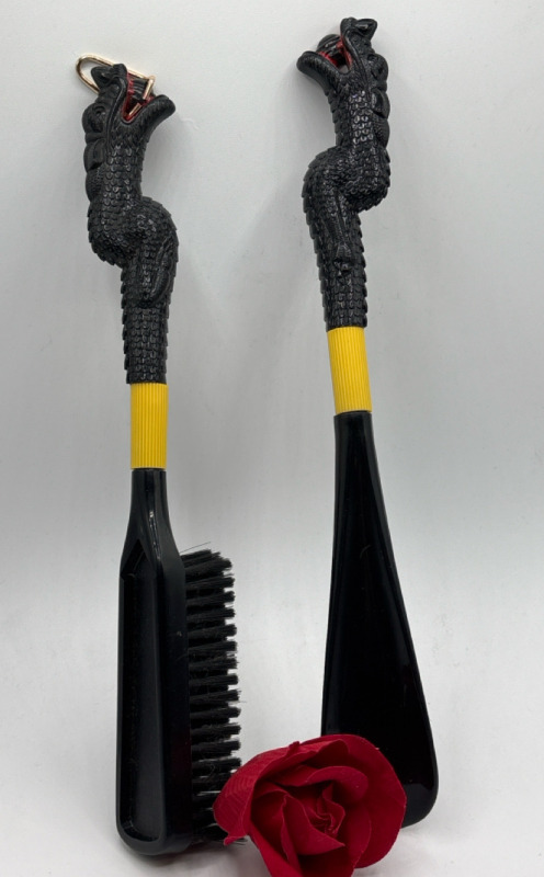 Vintage Made In Japan Black<br/>Dragon Head Brush & Shoe Horn<br/>Set Approximately 11 and 12 Inch Stamped