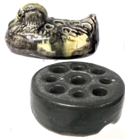 2 Vintage Stoneware Flower Frogs Incl Brush McCoy Majolica Duck + Puck-Shaped Frogs - Duck 5.15" Long