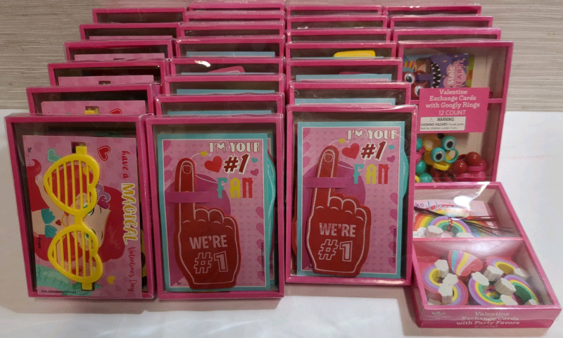 26 New Valentine Exchange Cards with Party Favors Boxes | 12 Count each box | Measurements: 6.8" X 5" each