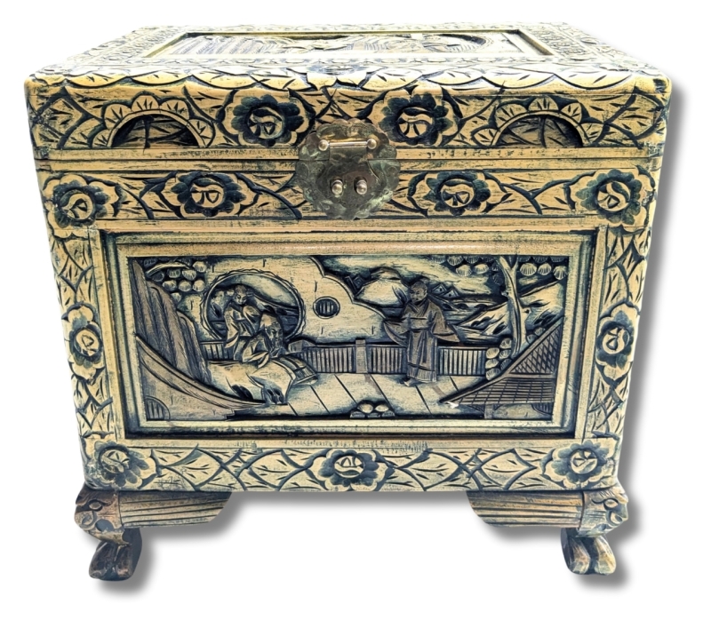 Gorgeous Large Intricately Carved Wooden Chest With Chinese Scenes - 19.25" &times; 13" &times; 19.25" Tall