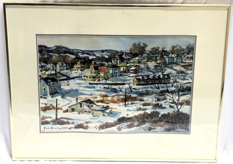 Signed Framed KEN HUXLEY "Winter in Lunenberg Nova Scotia" Presumed Original Watercolor Painting - Canadian Artist - 30.25" &times; 23.25" Tall - See Description