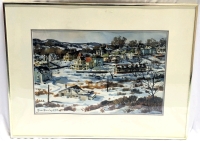 Signed Framed KEN HUXLEY "Winter in Lunenberg Nova Scotia" Presumed Original Watercolor Painting - Canadian Artist - 30.25" &times; 23.25" Tall - See Description